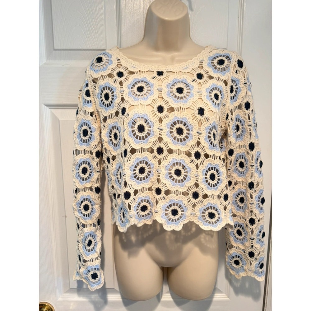 Rebellion Again Boho Crochet Floral Sweater Cream Blue M Festival Cottagecore